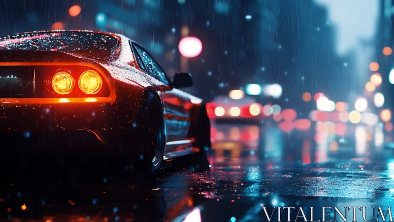 Sportscar taillights glow against neon city rainstorm night.