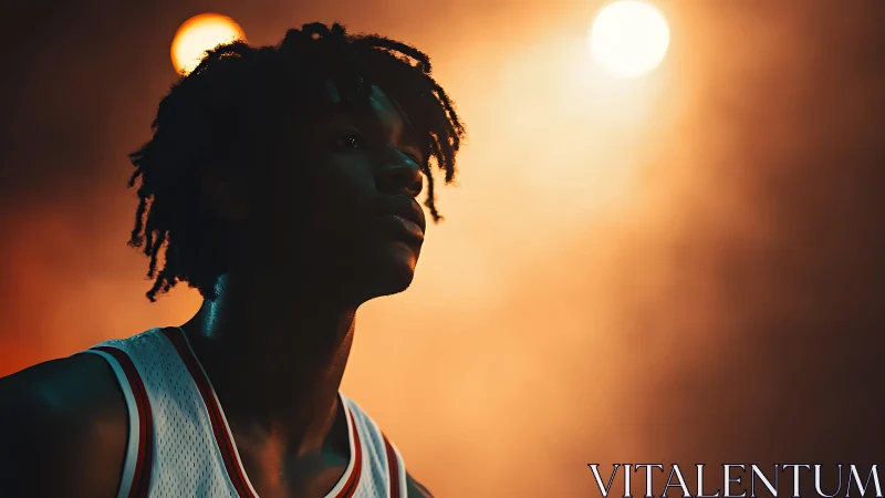 Contemplative basketball player under dramatic arena lights.