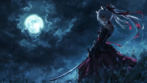 Lunar backlit katana wielder in high contrast nocturnal field.