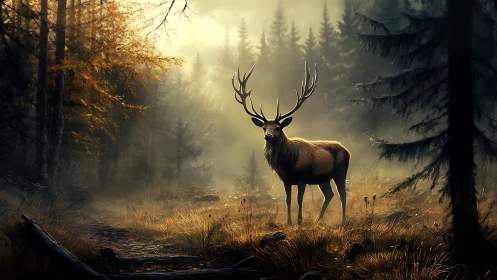 Majestic stag stands in misty golden forest clearing at dawn