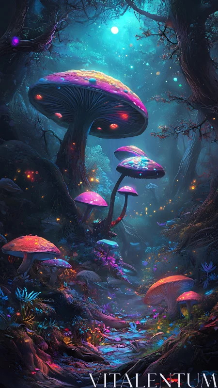Bioluminescent mushrooms form a neon forest under diffused moonlight