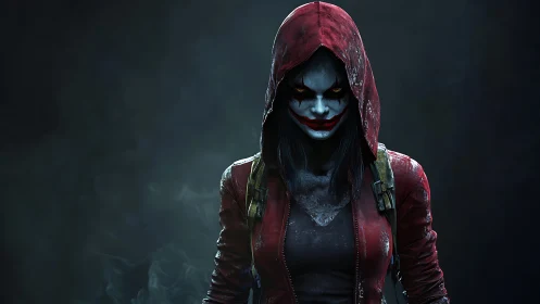 Sinister hooded killer in red jacket with smeared smile