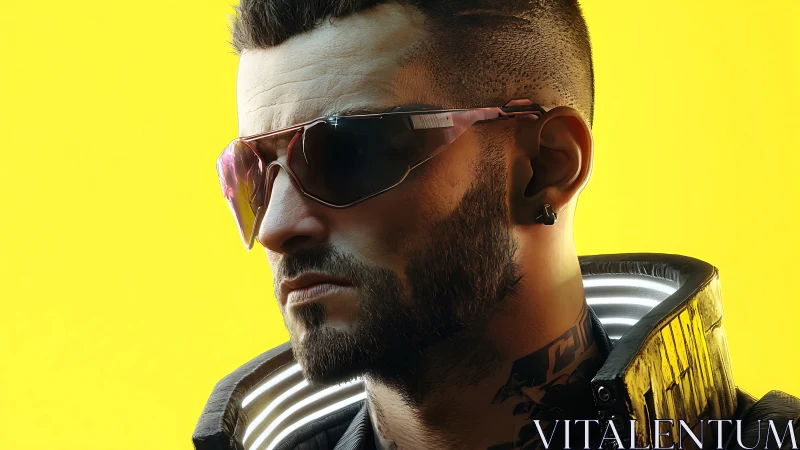 Cyberpunk male portrait with neon jacket against yellow field.