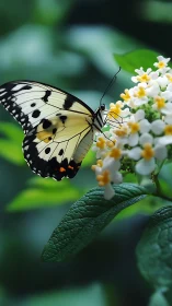 Butterfly with patterned wings on clustered white flowers.