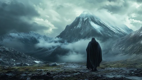 Solitary cloaked figure confronts towering icy mountain peak