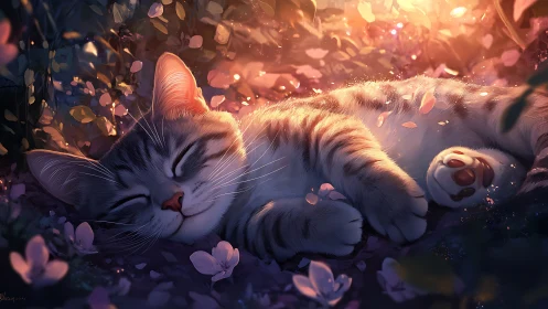 Sleeping Cat in Warm Golden Glow Surrounded by Petals