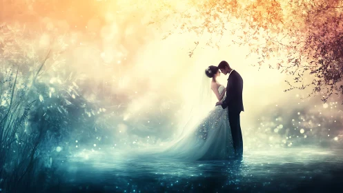 Enchanted wedding couple embraces in shimmering waterscape