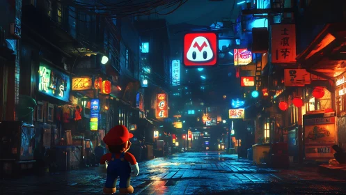 Mario figure in illuminated urban alley with neon signage.