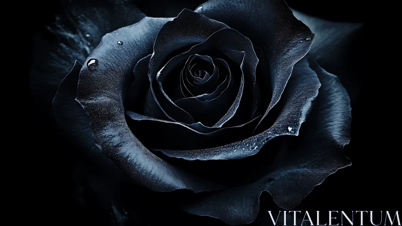 Midnight black rose macro with dewy velvety petals.