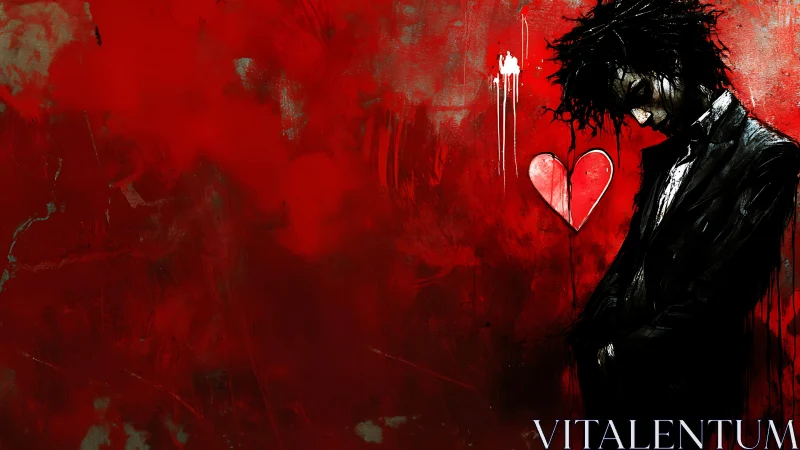 Brooding figure in black suit beside a wounded red heart.