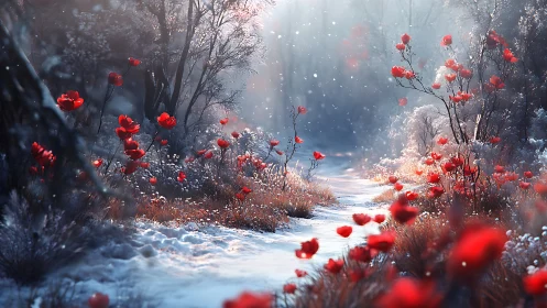 Winter path glows as bright red flowers gently warm the snow