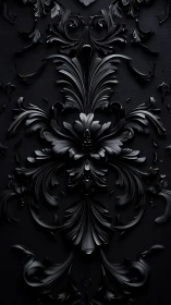 Baroque black bas-relief ornament under directional raking light.