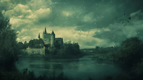 Medieval castle stands by reflective river under starry sky