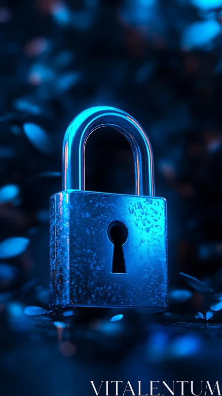 Metal padlock stands upright under blue low key lighting