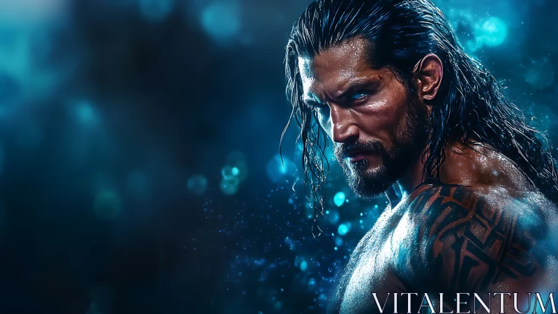 Long-haired male figure with tattoos in blue lighting.