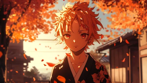 Melancholic anime youth stands under drifting autumn leaves