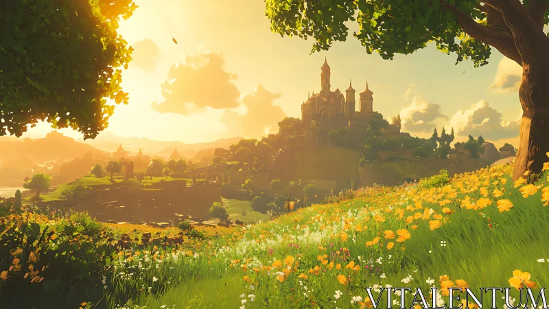 Castle on distant hill observed from sloping flower meadow