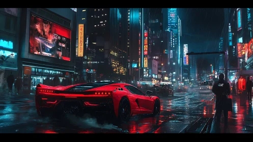 Red supercar idles in neon soaked cyberpunk city street