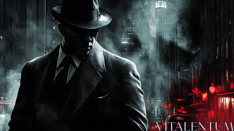 Noir detective stalks a shadowed city under crimson lights.