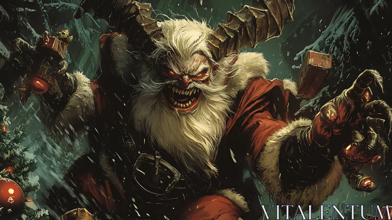 Demonic horned Santa lunges forward under blizzard-lit moonlight