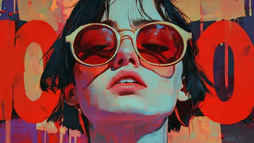 Woman in red sunglasses faces camera against bold abstract background