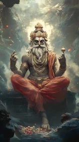 Monochrome ascetic deity levitates amid atmospheric volumetric clouds