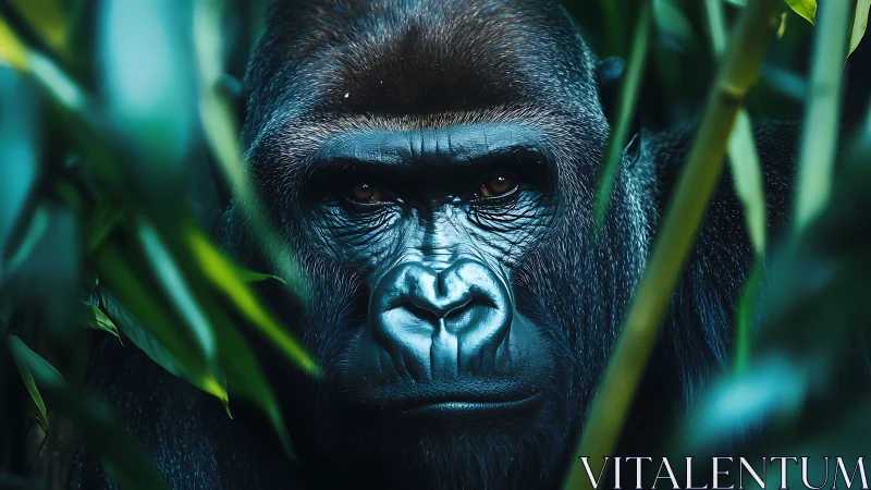 High-contrast gorilla portrait with shallow depth and cool rim lighting