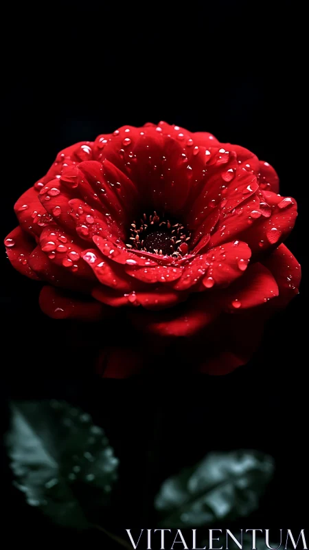 Crimson Gerbera Bloom with Dew Droplets Against Dark Background