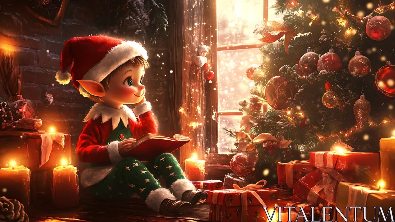 Elf reading book beside decorated indoor Christmas tree.