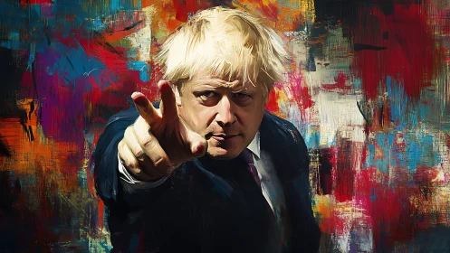 Dynamic suited figure pointing amid vivid abstract backdrop