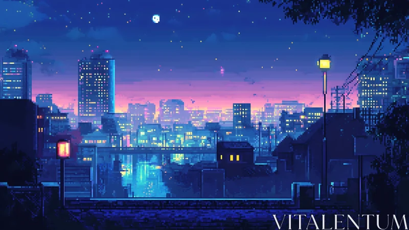 Cozy pixel city sunset glowing with soft twilight colors.