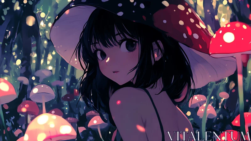 Mushroom forest girl glowing under soft enchanted lights.