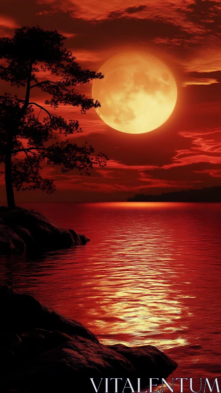 Scarlet moonrise bathes tranquil shoreline in molten light.