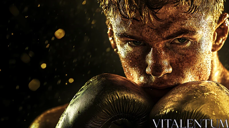 Golden-Dusted Boxer Portrait With Dramatic Lighting Effect.
