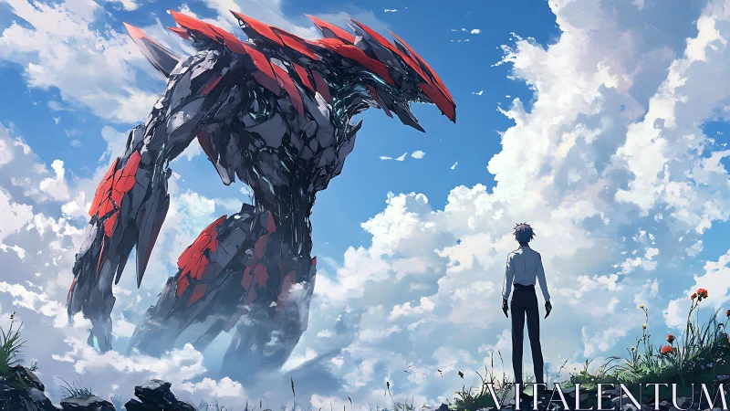 Anime mecha confrontation under expansive cloud-laden sky.