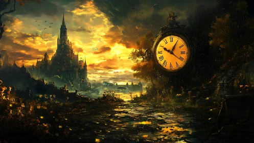 Sunset kingdom paused beneath a colossal gilded clockface.