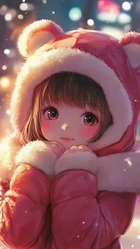 Snowy city glow around rosy-cheeked girl in bear parka.