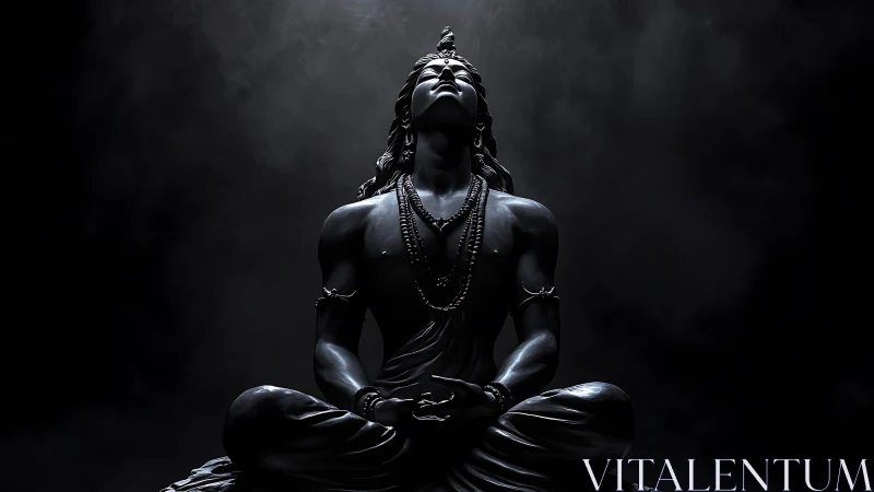 Serene meditating deity statue emerges from dramatic shadow