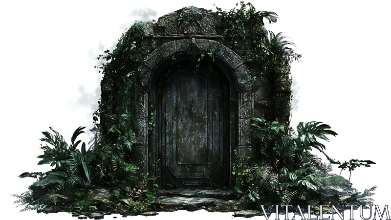 Vegetation-entangled stone portal with weathered arch geometry.