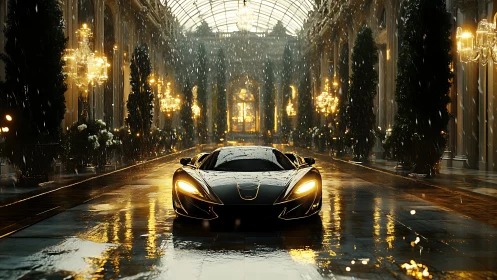 Gleaming supercar idles in a rainlit glass palace hallway.