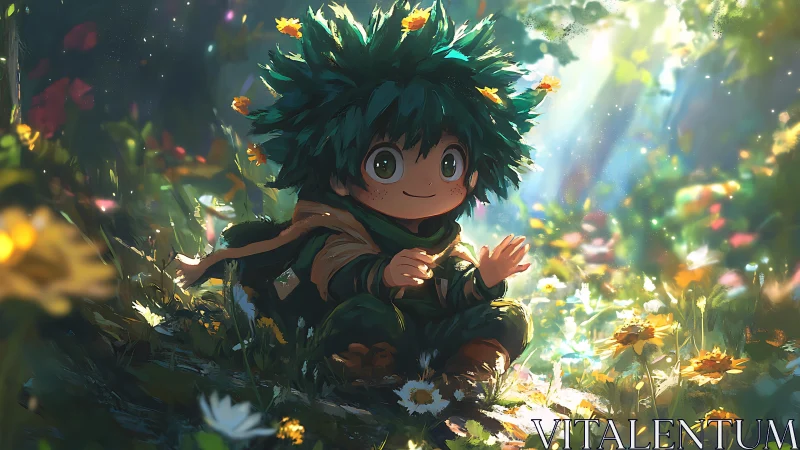 Chibi forest child rendered in luminous anime fantasy lighting