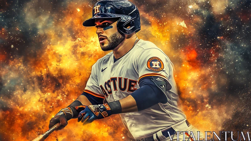 Houston Astros batter in motion with fiery cosmic backdrop.