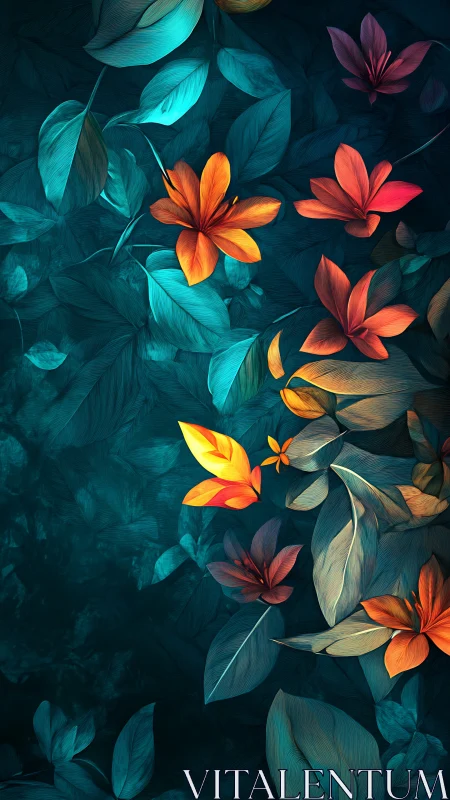 Orange tropical flowers glow over teal jungle foliage