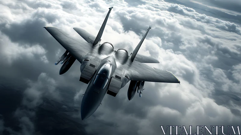 Stealth fighter jet slicing through stormy cloudscape.