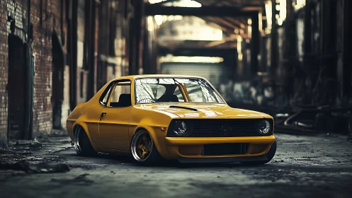 Yellow modified compact car in abandoned industrial hall.