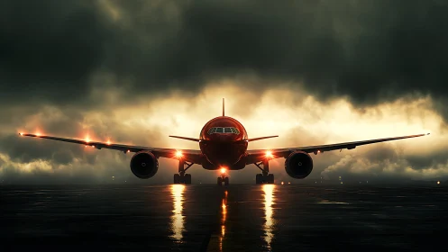 Red passenger jet on wet runway under storm clouds.