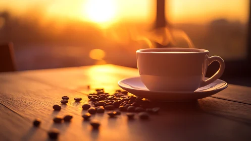 Sunrise steam crowns a quiet cup amid scattered coffee gems