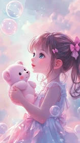 Pastel portrait of child with plush bear and floating bubbles.