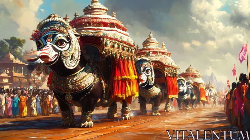 Ornate temple chariots in vibrant South Indian festival procession.