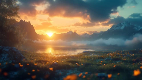 Sunrise drapes molten light across a mist-silvered valley lake